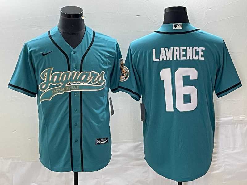 Mens Jacksonville Jaguars #16 Trevor Lawrence Teal With Patch Cool Base Stitched Baseball Jersey